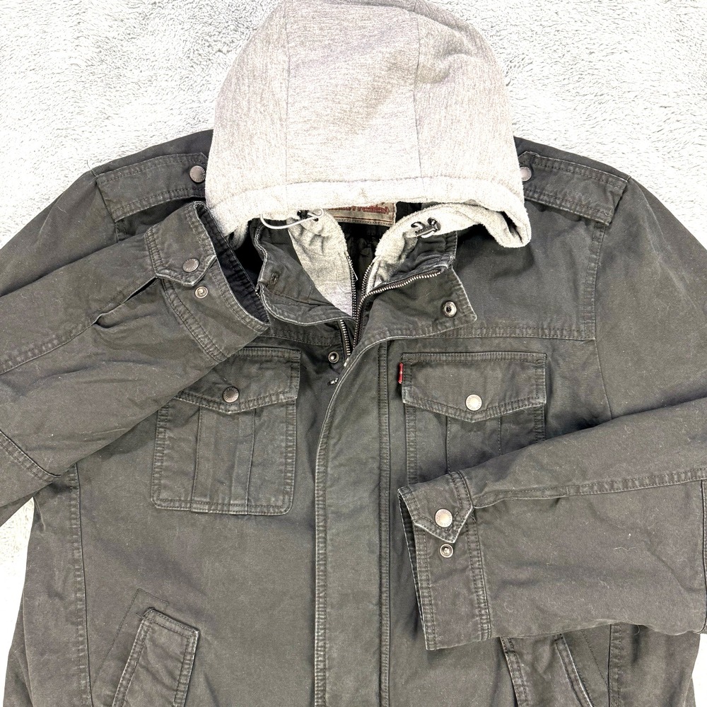 Levis Jacket‎ Mens XL Black Detachable Hood Quilted Denim Trucker Workwear